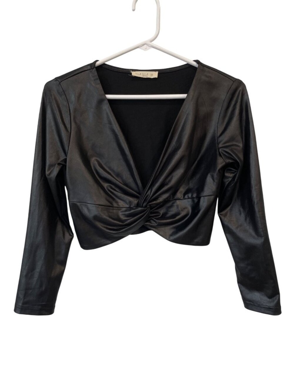 Illa Illa Crop Top Small Twist Front V-Neck Long Sleeve Solid Black Grunge Emo